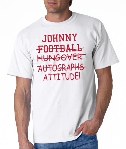 white shirt with red writing